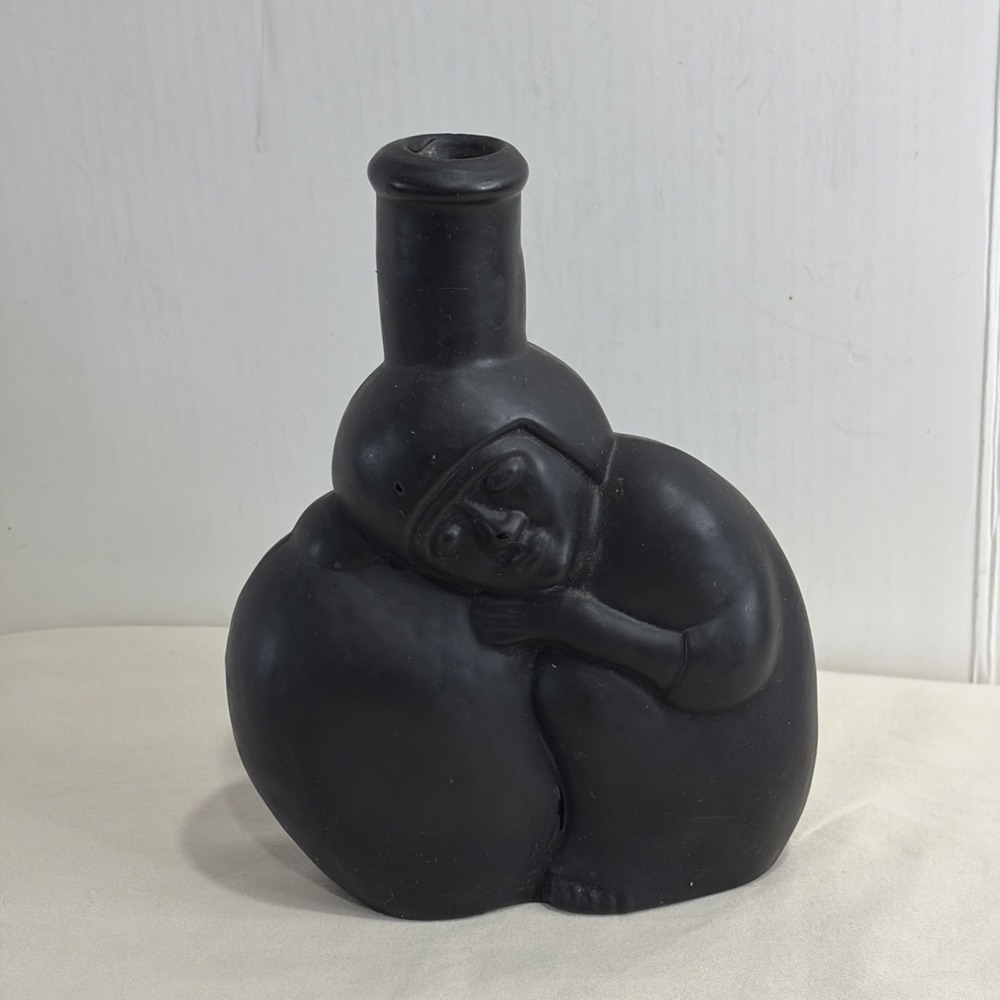 Vintage Casa Ranuzzi Peru Pisco Black Ceramic Bottle Decanter Figural Inca 5"
